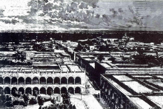 Vista del primer edificio del Olimpo, que luce características coloniales. (Desiré Charnay, 1885)